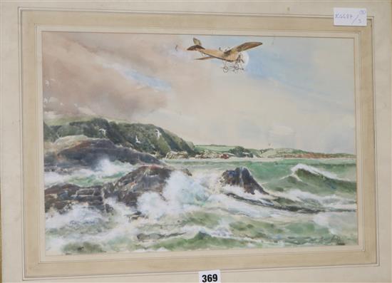 Alan Crisp Early aeroplanes flying over the coast 11.5 x 17.5in.